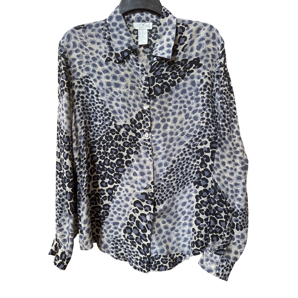K Arnold Womens Silk Button Down Blouse Grey Black Leopard Animal Print Size M